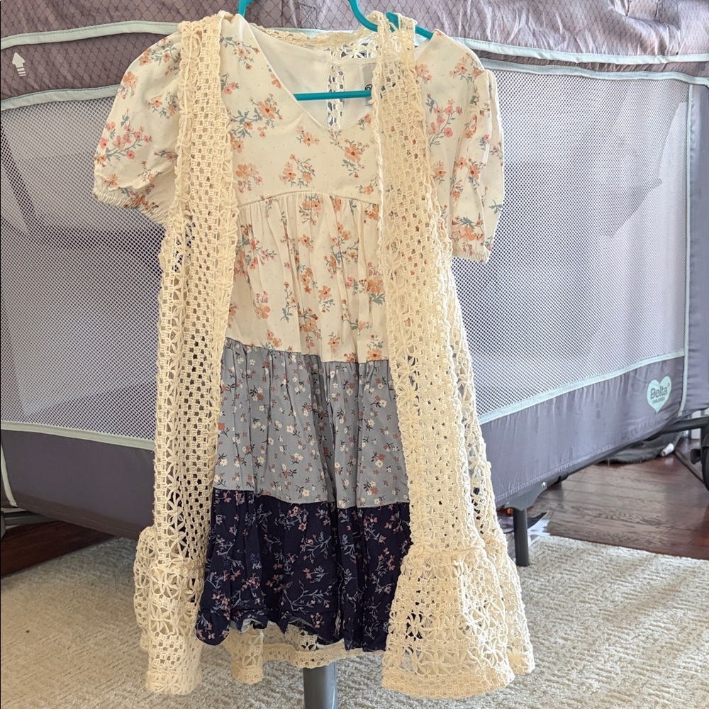 Rare Editions Floral Patchwork Dress with Crochet Overlay